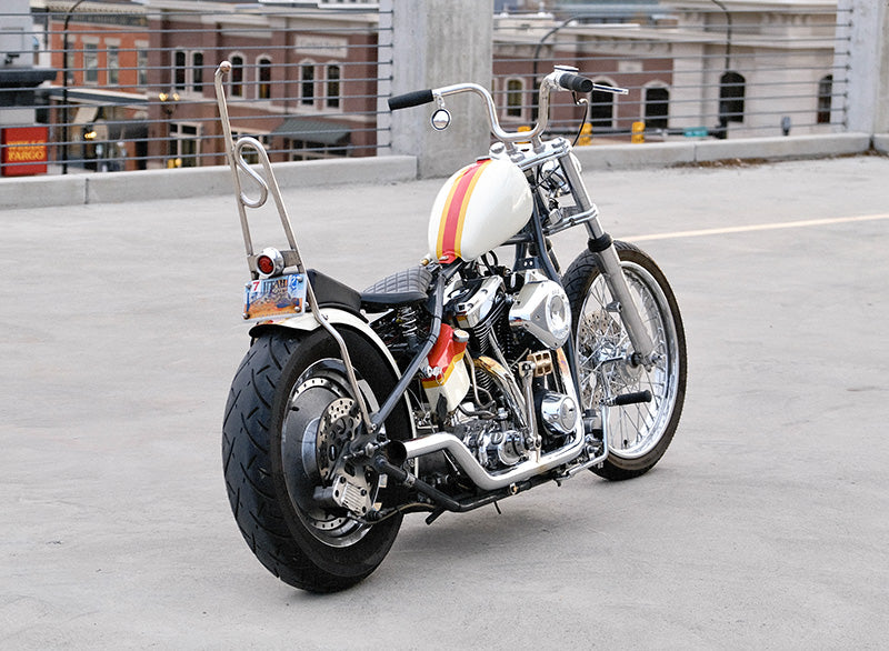 hard tail chopper on parking garage rooftop