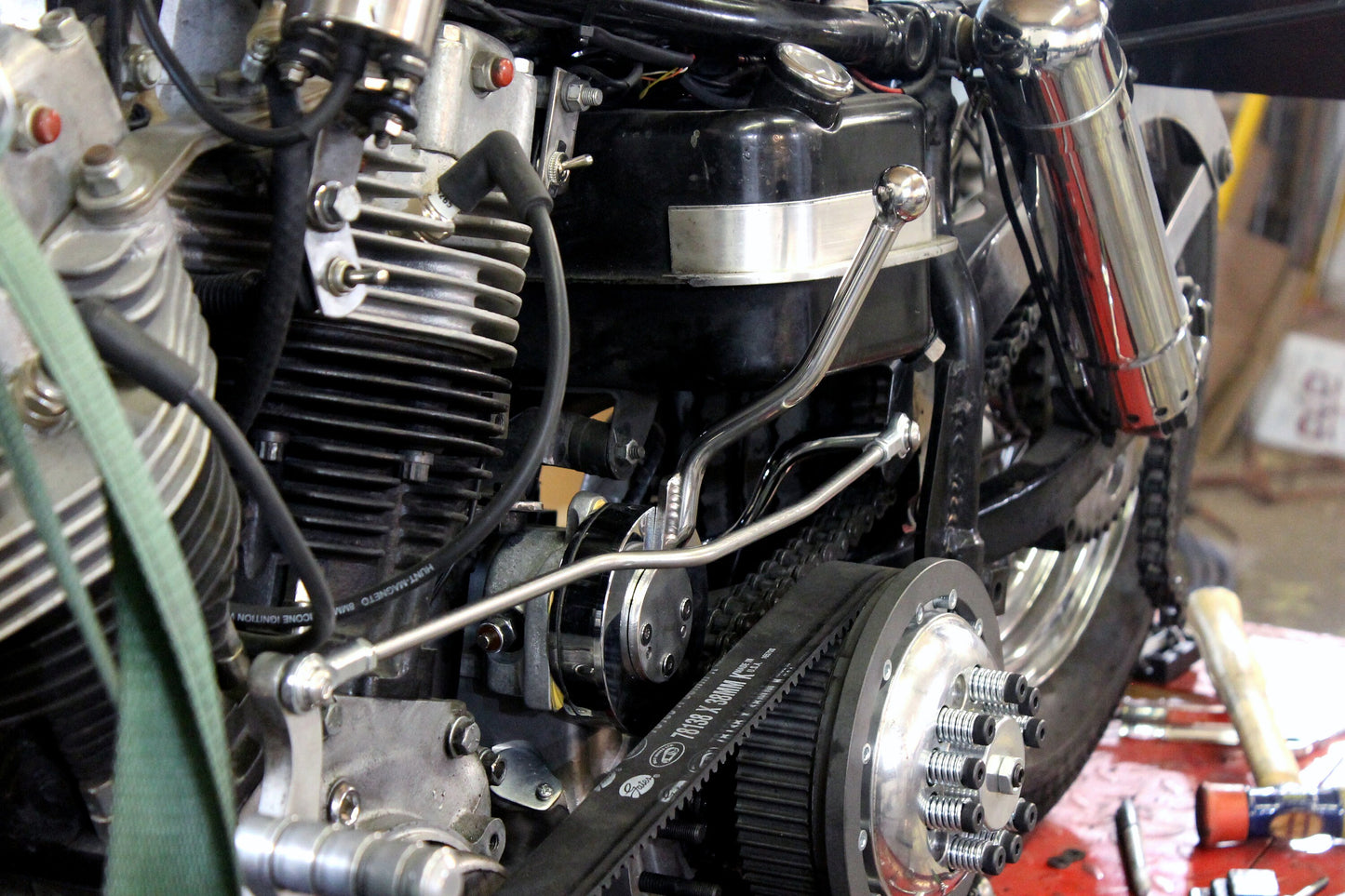 one stainless steel ratchet top transmission jockey shifter mounted on a bike front view
