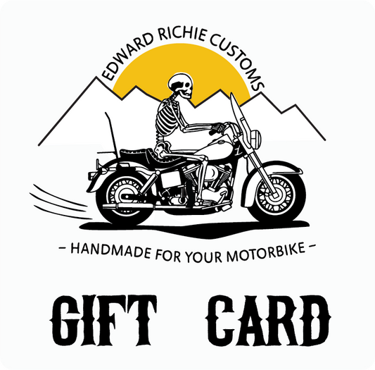 Gift card design with skeleton on a motorcycle and 'Edward Richie Customs' branding.
