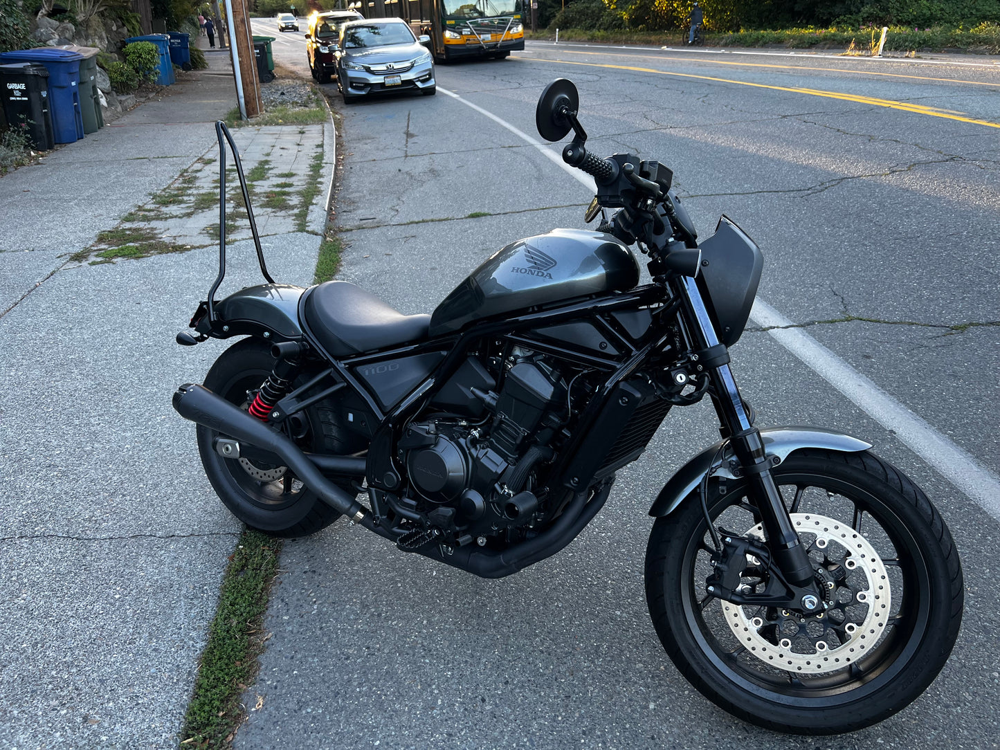 Honda rebel 1100 and 500 pointed simple sissy bar in black mounted on a bike