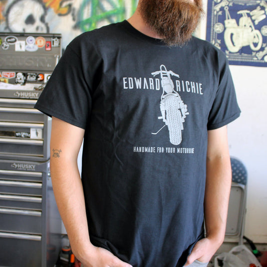 Bearded man wearing t-shirt reading Edward Richie handmade for your motorbike
