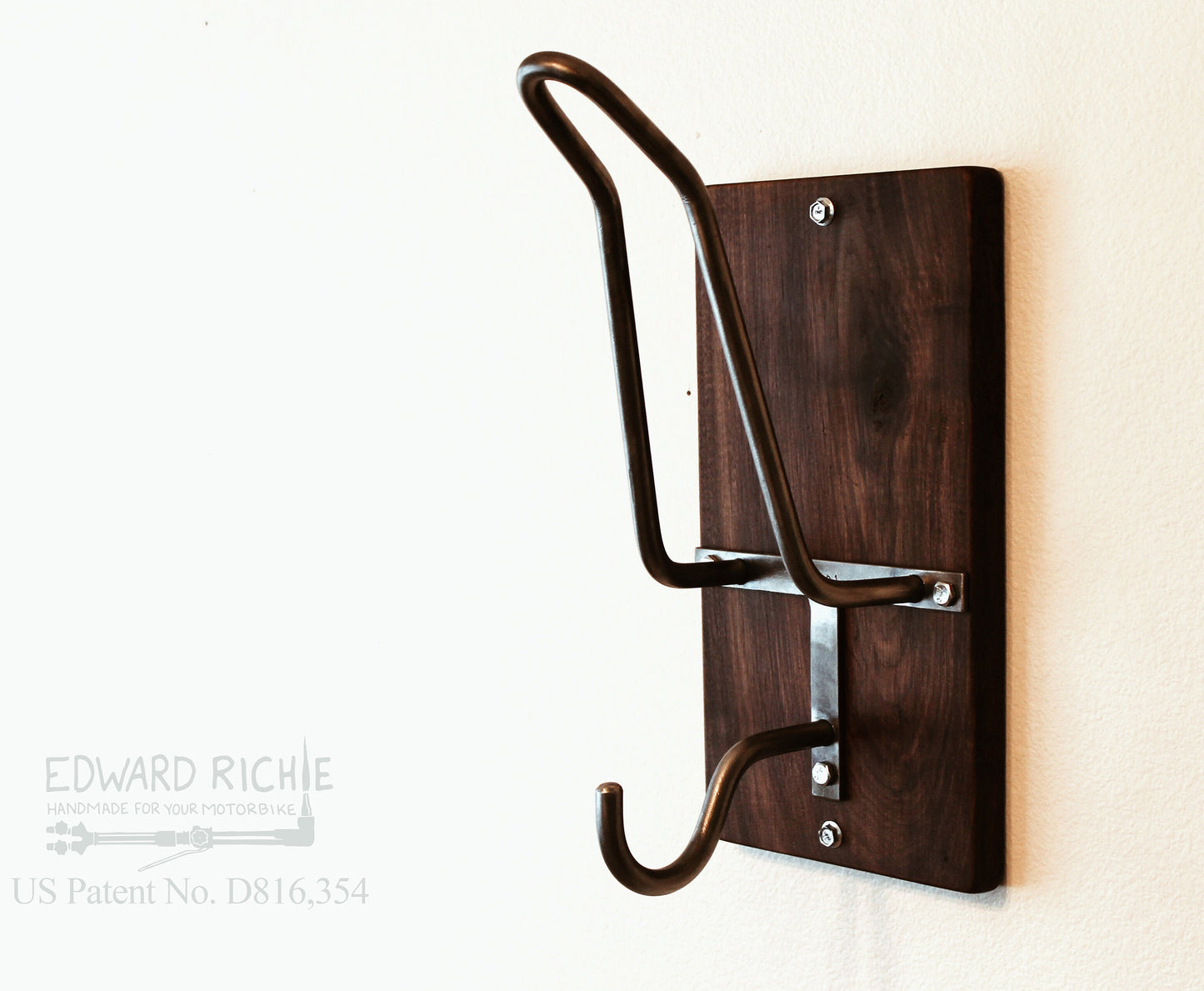 Edward Richie motorcycle helmet rack and jacket hook angled view