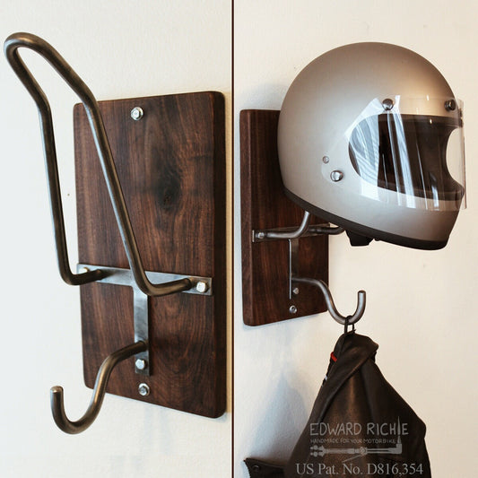 Edward Richie motorcycle helmet rack and jacket hook with and without a helmet on it