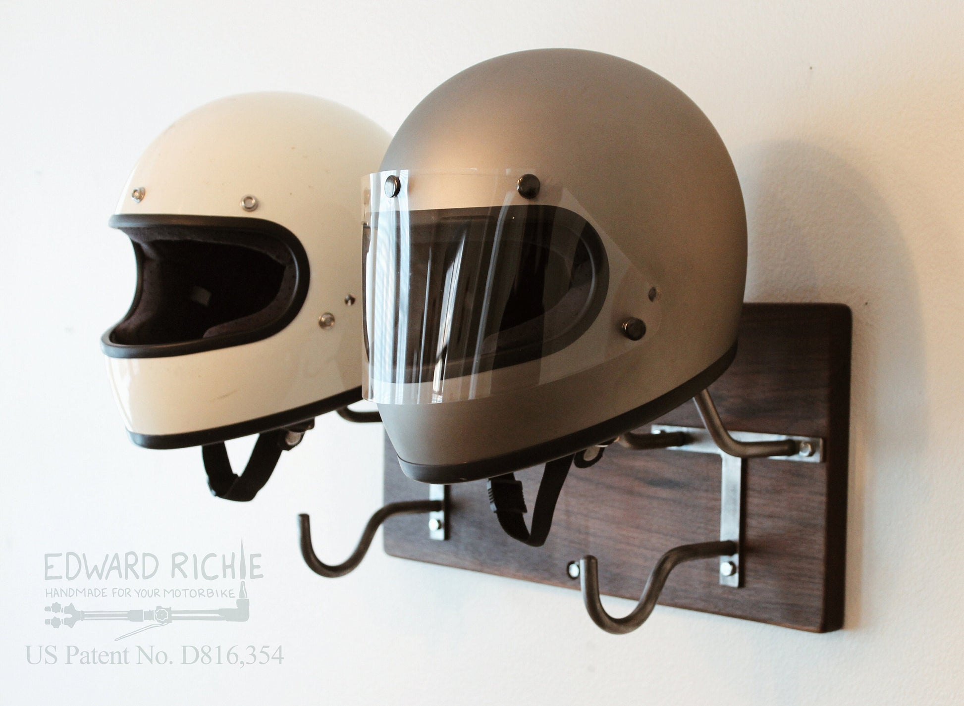 Double Motorcycle Helmet Rack & Jacket Hook, Handmade – Edward Richie Customs Double Motorcycle Helmet Rack & Jacket Hook, Handmade – Edward Richie Customs