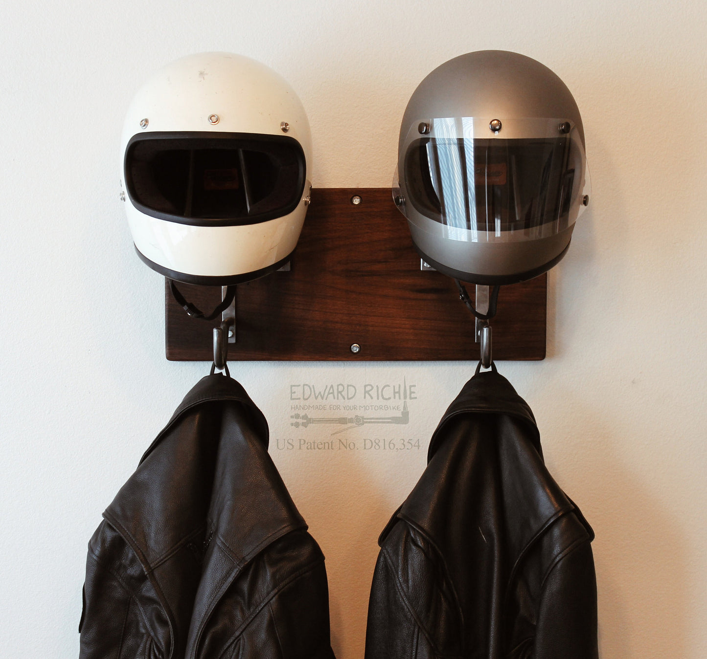 Edward Richie Double Motorcycle Helmet Rack and Jacket Hook front view